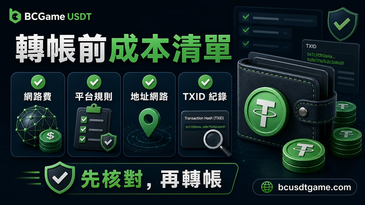 USDT轉帳前成本清單，包含網路費、平台規則、地址網路與TXID紀錄