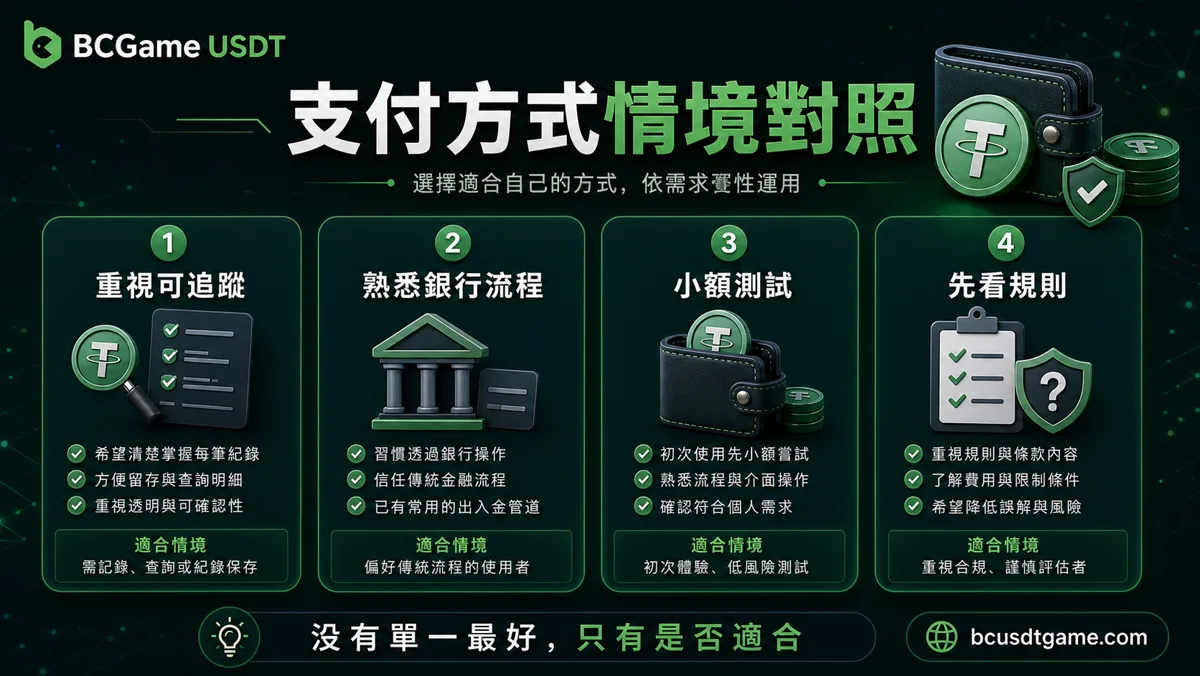 支付方式情境對照圖，包含重視可追蹤、熟悉銀行流程、小額測試與先看規則