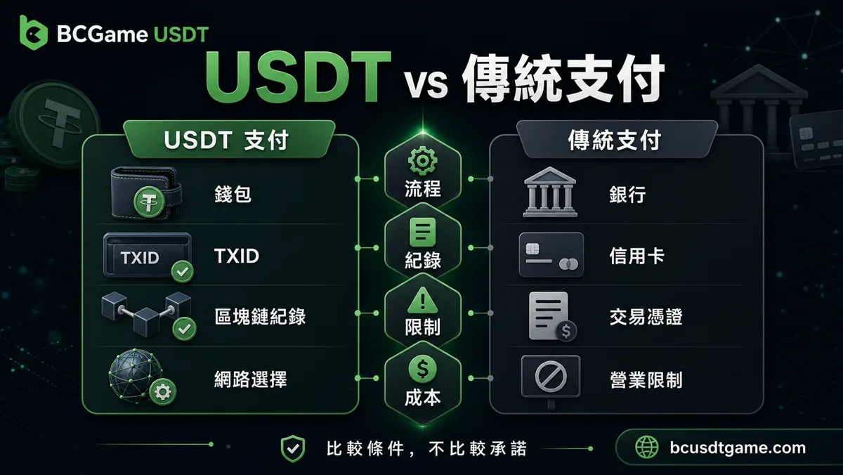 USDT支付與傳統支付比較圖，包含流程、紀錄、限制與成本