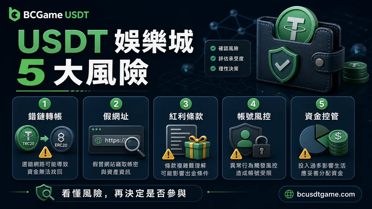 USDT 娛樂城 5 大風險：錯鏈轉帳、假網址、紅利條款、帳號風控、資金控管
